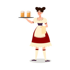 Fototapeta premium Smiling woman waiter in german uniform serving beer vector illustration