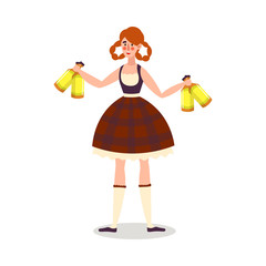 Woman waiter in skirt uniform serving fresh beer vector illustration