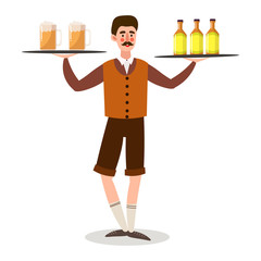 Man waiter serving beer in glasses and bottles vector illustration