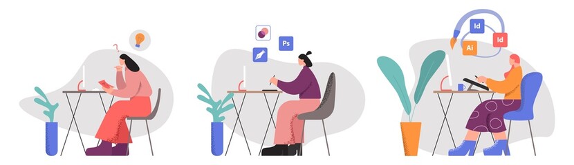 Set female creative designer worker at workplace big limbs style. Collection different woman working at computer isolated on white. People at workspace with infographic tools vector flat illustration