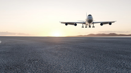  3D airplane landing sunset, concept 3d render for advertising.