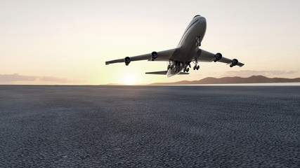  3D plane takes off at sunset, 3d render concept for advertising.