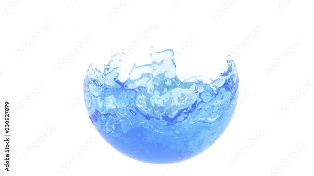 Poster water liquid splashing on sphere object. 3d animation 4k with alpha channel.