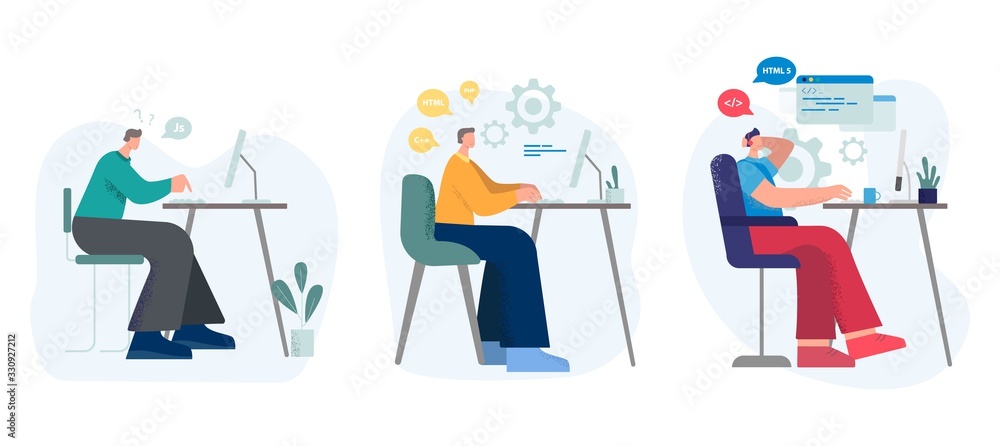 Poster set of various male cartoon programmer working on computer at workplace. collection of colored man a