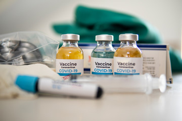 Vaccine and syringe injection. It use for prevention,immunization and treatment from corona virus infection(novel coronavirus disease 2019,COVID-19,nCoV 2019 from Wuhan). Medicine infectious concept.