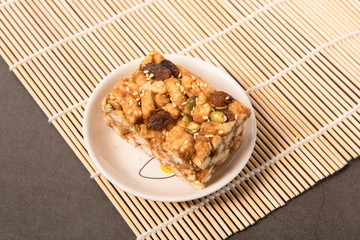 Delicious Sakima snacks on a white background