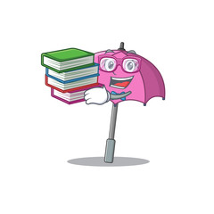 A diligent student in pink umbrella mascot design with book
