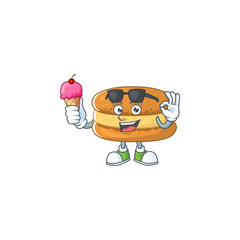 cartoon character of chocolate macarons enjoying an ice cream