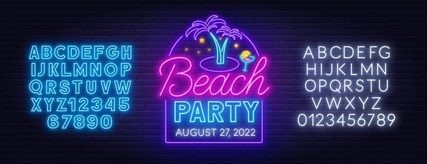 Beach party neon sign on brick wall background. Template for design with fonts.