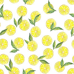 Lemon slices with tea leaflets on a white background. Seamless watercolor illustration. Design for fabric, scrapbooking, packaging paper, wallpaper, wrap