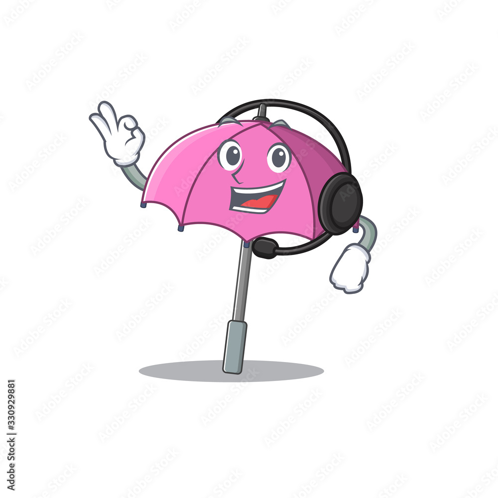 Poster charming pink umbrella cartoon character design wearing headphone