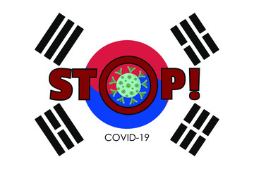 Vector banner of coronavirus outbreak in South Korea. Quarantine in  Korea. Stop coronavirus concepts. South Korea national flag and warning. Epidemic alert. Covid-19, 2019-nCoV. Molecule of coronavir