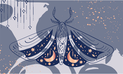The Mystical illustration with a moth on abstract magic background for a greeting card, a banner The magical composition with moth on abstract magic blue background with a gold stars