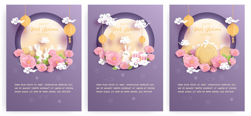 Happy Mid Autumn festival with beautiful lotus and bunny, full moon. Paper cut vector illustration.