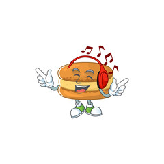 cartoon mascot design of chocolate macarons enjoying music