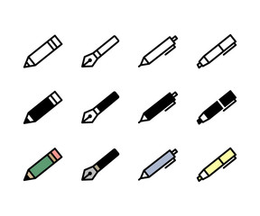 ペンや鉛筆のアイコン／シャーペン／ボールペン／マーカー