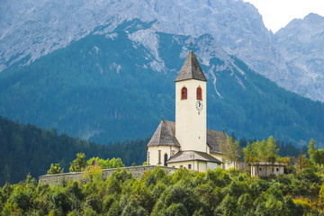 Versciaco Elmo, Italy. View of catholic church (Chiesa di Santa Maddalena) in italian mountains.