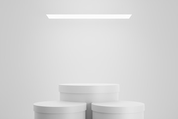 Modern podium or pedestal display with platform concept on white studio background. Blank shelf...