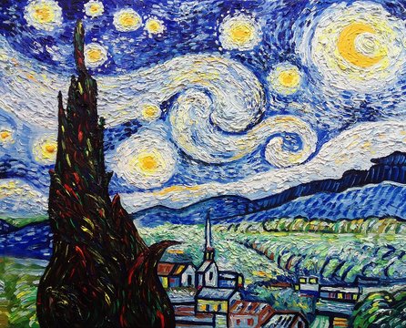 art  oil painting  moon Mountain village , Van Gogh style , The Starry Night