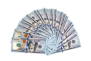fan of banknotes, us dollars isolated on white. Top view