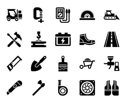 construction tools Icon Set - vector illustration . construction, tools, tool, equipment, work, forklift, logistics, warehouse, bulldozer, digging, excavator, icons .
