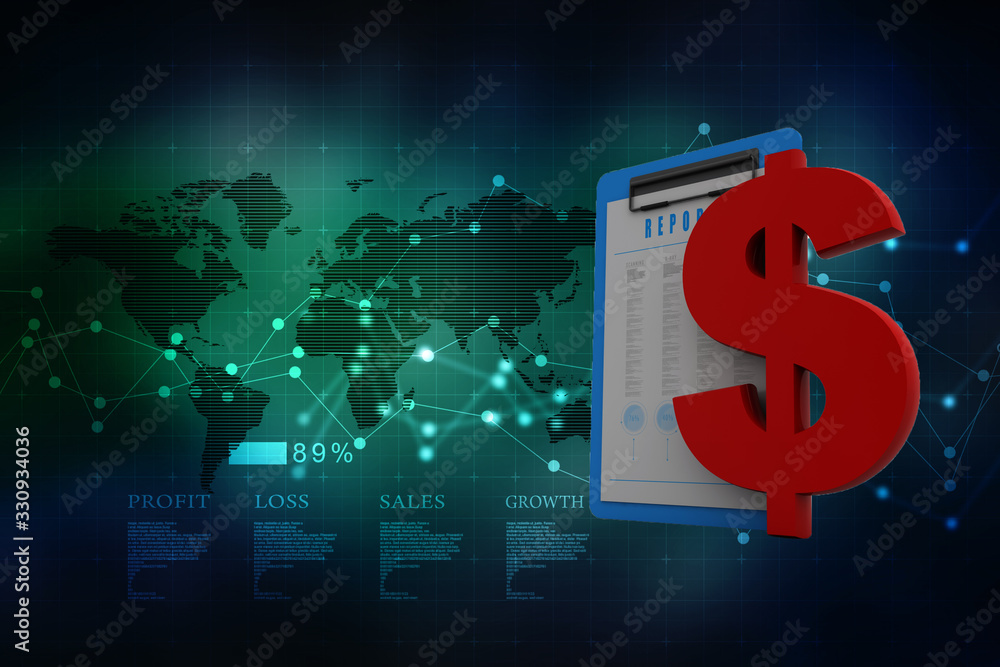 Poster 3d rendering usd dollar symbol with document