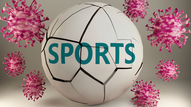 Covid-19 and sports, symbolized by viruses destroying word sports to picture that coronavirus pandemic affects sports in a very negative way, 3d illustration