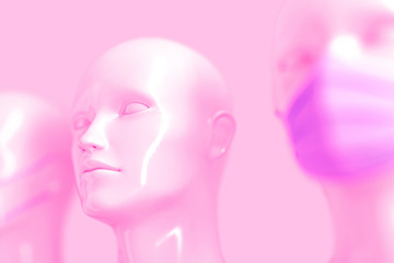 The medical concept spreads infection Among shiny white fashion heads of mannequins standing without a mask in a row of other heads standing in blue bright medical masks. 3D illustration.