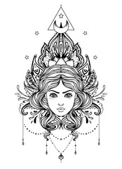 Divine goddess. Black and white girl over sacred geometry sign, isolated vector illustration. Tattoo sketch. Mystical symbol. Alchemy, occultism, spirituality, coloring book. Hand-drawn vintage.