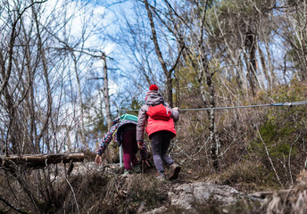 Children hiking in the mountains or woods on family trip.