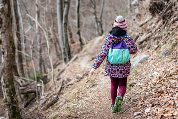 Children hiking in the mountains or woods on family trip.