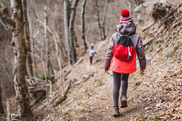 Children hiking in the mountains or woods on family trip.