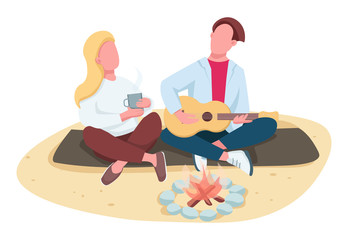 Couple picnic on beach flat color vector faceless characters. Summer camping. Boyfriend playing guitar, girlfriend drinking tea isolated cartoon illustration for web graphic design and animation