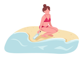 Woman in swimsuit picking message in bottle flat color vector faceless character. Girl finding letter on sand beach isolated cartoon illustration for web graphic design and animation