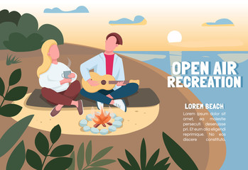 Open air recreation banner flat vector template. Summer camping. Brochure, poster concept design with cartoon characters. Evening date at beach horizontal flyer, leaflet with place for text