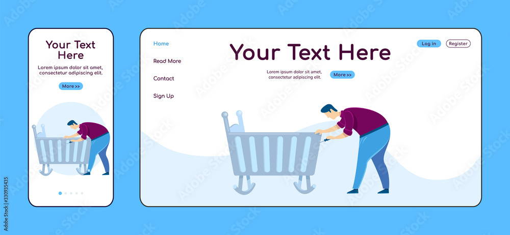 Poster father fixing cradle adaptive landing page flat color vector template. handyman mobile and pc homepa