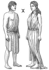 Gemini zodiac symbol illustration, drawing, engraving, ink, line art, vector