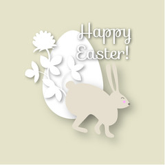 Happy easter greeting card with egg, rabbit, bunny, and flowers. Pastel color paper style illustration.