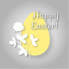 Happy easter greeting card with egg and flowers. Pastel color paper style illustration.