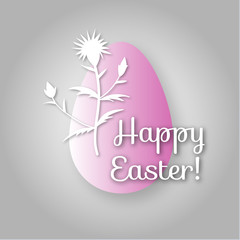 Happy easter greeting card with egg and flowers. Pastel color paper style illustration.