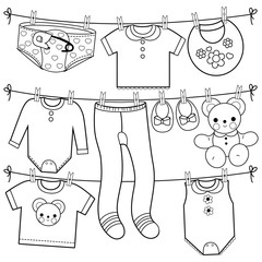 Baby clothes. Vector black and white coloring page.