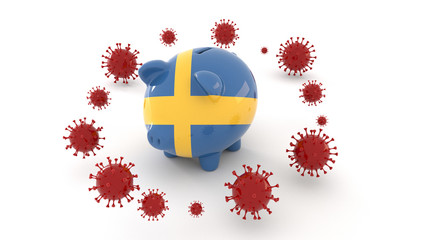 Sweden piggy bank attacked by coronavirus, economy and savings in crisis 3D rendering
