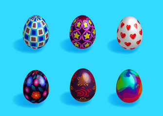 easter  eggs, painted eggs isolated on cyan background, eggs with pattern, 3d rendering