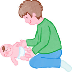 赤ちゃんオムツ替えパパ　水彩