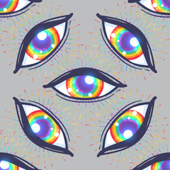 Seamless pattern with rainbow colored eyes. Flag of LGBT community inside eyeball. Vector illustration for textiles, fashion, prints, wallpapers, backgrounds.