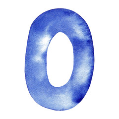 Hand written isolated blue letter O, Number 0, zero, watercolor illustration, lettering
