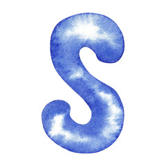 Hand written isolated blue letter S, watercolor illustration, lettering