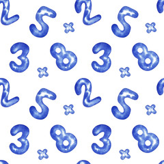 Seamless pattern with hand written blue numbers, watercolor illustration