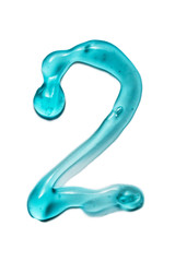 Number two written by transparent gel isolated on white background. Squeezed transparent gel with bubbles close-up