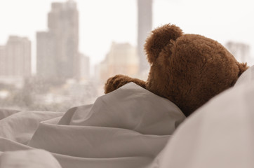 Teddy bear sleeping alone on bed with white pillow and blanket facing to window with rain drop in the lonely day.